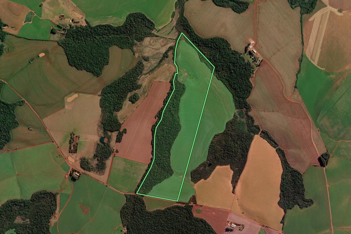 Imagem de satélite do imóvel rural em Chiapetta (RS), com o contorno declarado no CAR desenhado por cima.