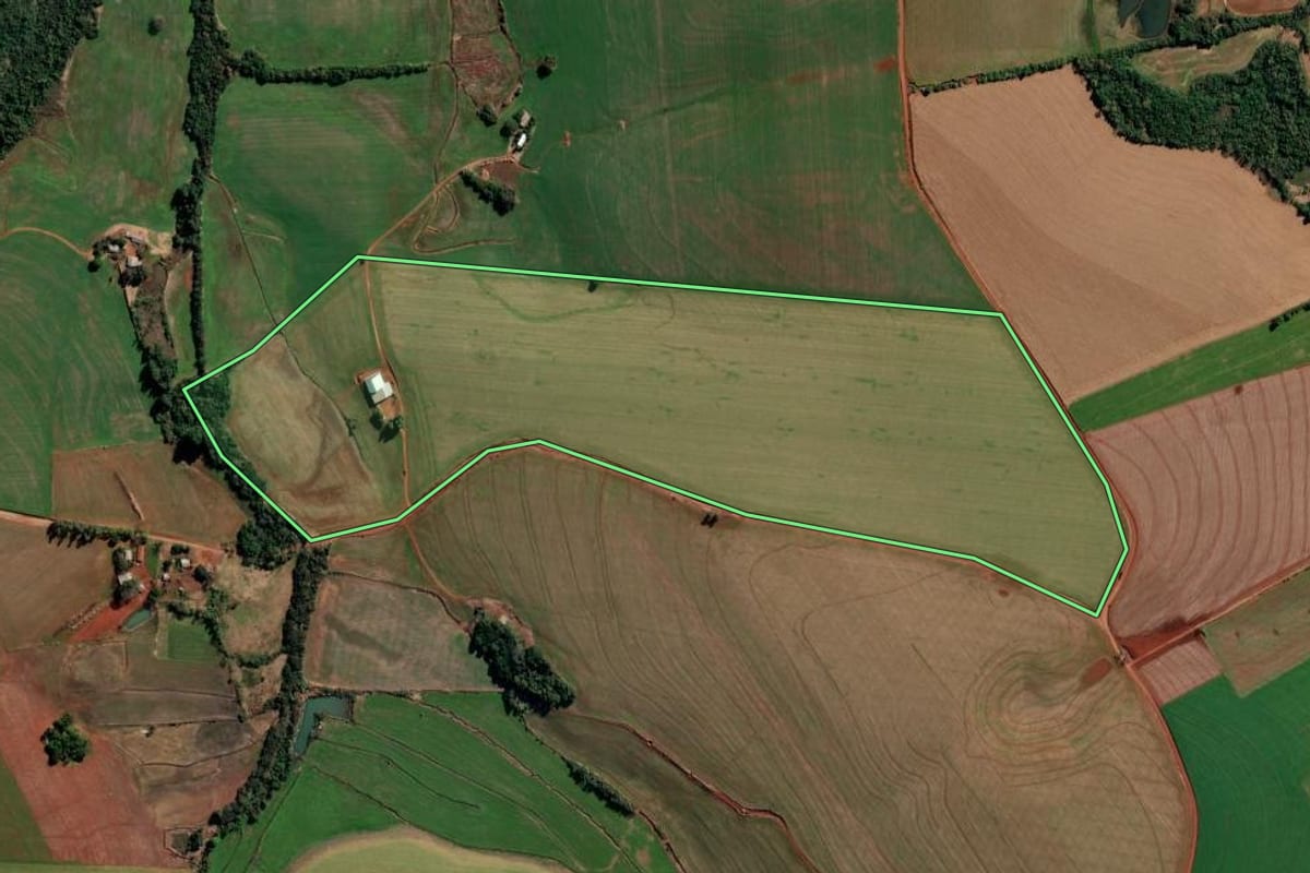 Imagem de satélite do imóvel rural em Chiapetta (RS), com o contorno declarado no CAR desenhado por cima.