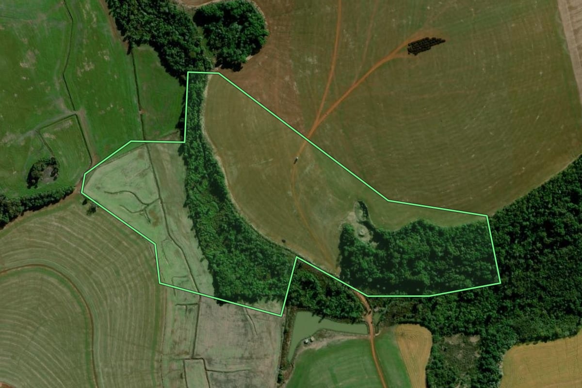 Imagem de satélite do imóvel rural em Chiapetta (RS), com o contorno declarado no CAR desenhado por cima.