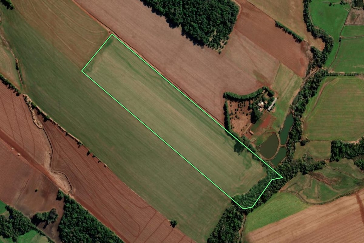 Imagem de satélite do imóvel rural em Chiapetta (RS), com o contorno declarado no CAR desenhado por cima.