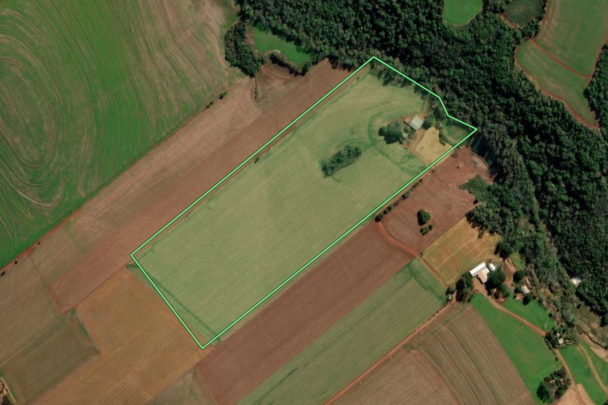 Imagem de satélite do imóvel rural em Chiapetta (RS), com o contorno declarado no CAR desenhado por cima.