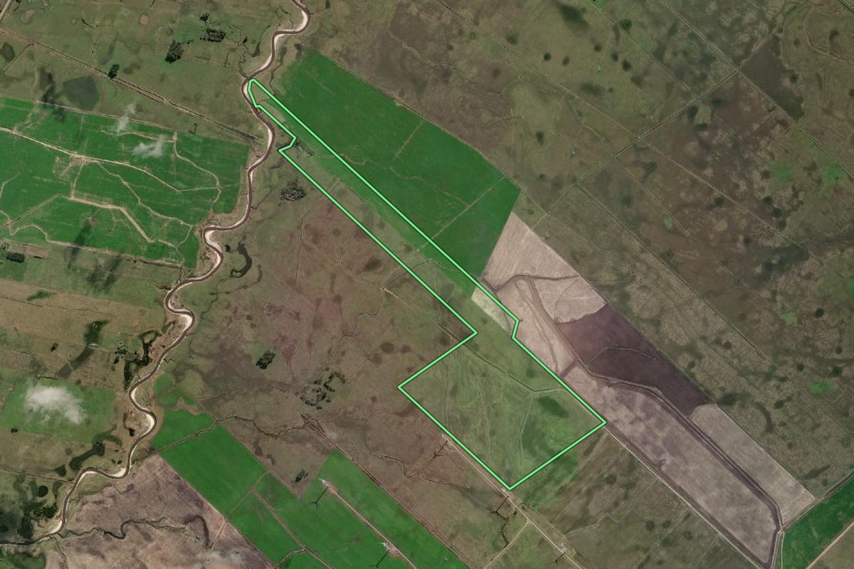 Imagem de satélite do imóvel rural em Chuí (RS), com o contorno declarado no CAR desenhado por cima.