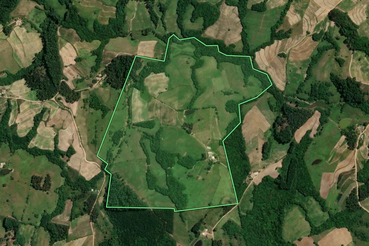 Imagem de satélite do imóvel rural em Chuvisca (RS), com o contorno declarado no CAR desenhado por cima.