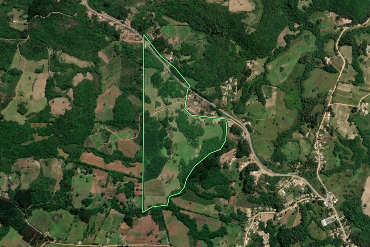 Imagem de satélite do imóvel rural em Chuvisca (RS), com o contorno declarado no CAR desenhado por cima.