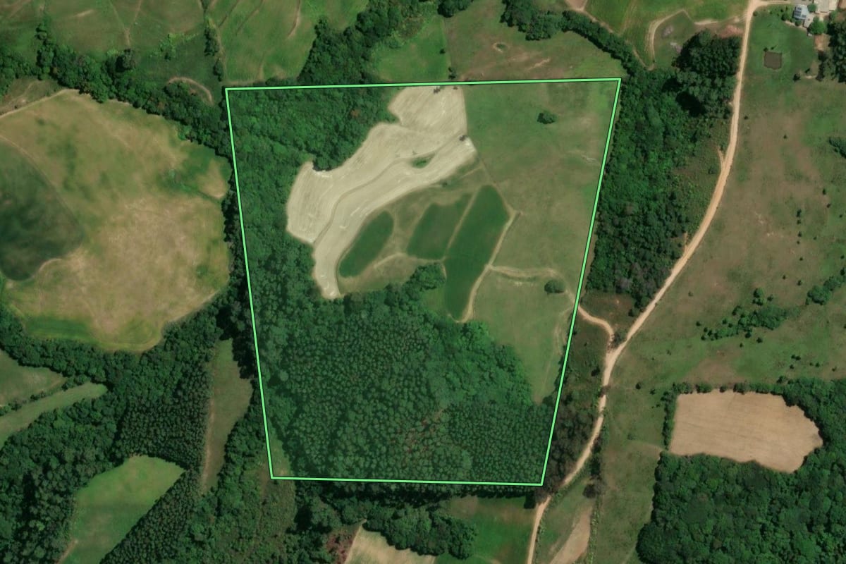 Imagem de satélite do imóvel rural em Chuvisca (RS), com o contorno declarado no CAR desenhado por cima.