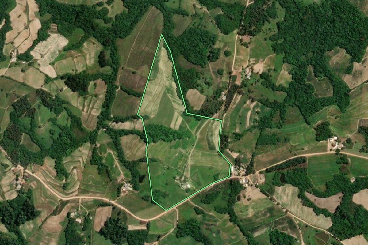 Imagem de satélite do imóvel rural em Chuvisca (RS), com o contorno declarado no CAR desenhado por cima.