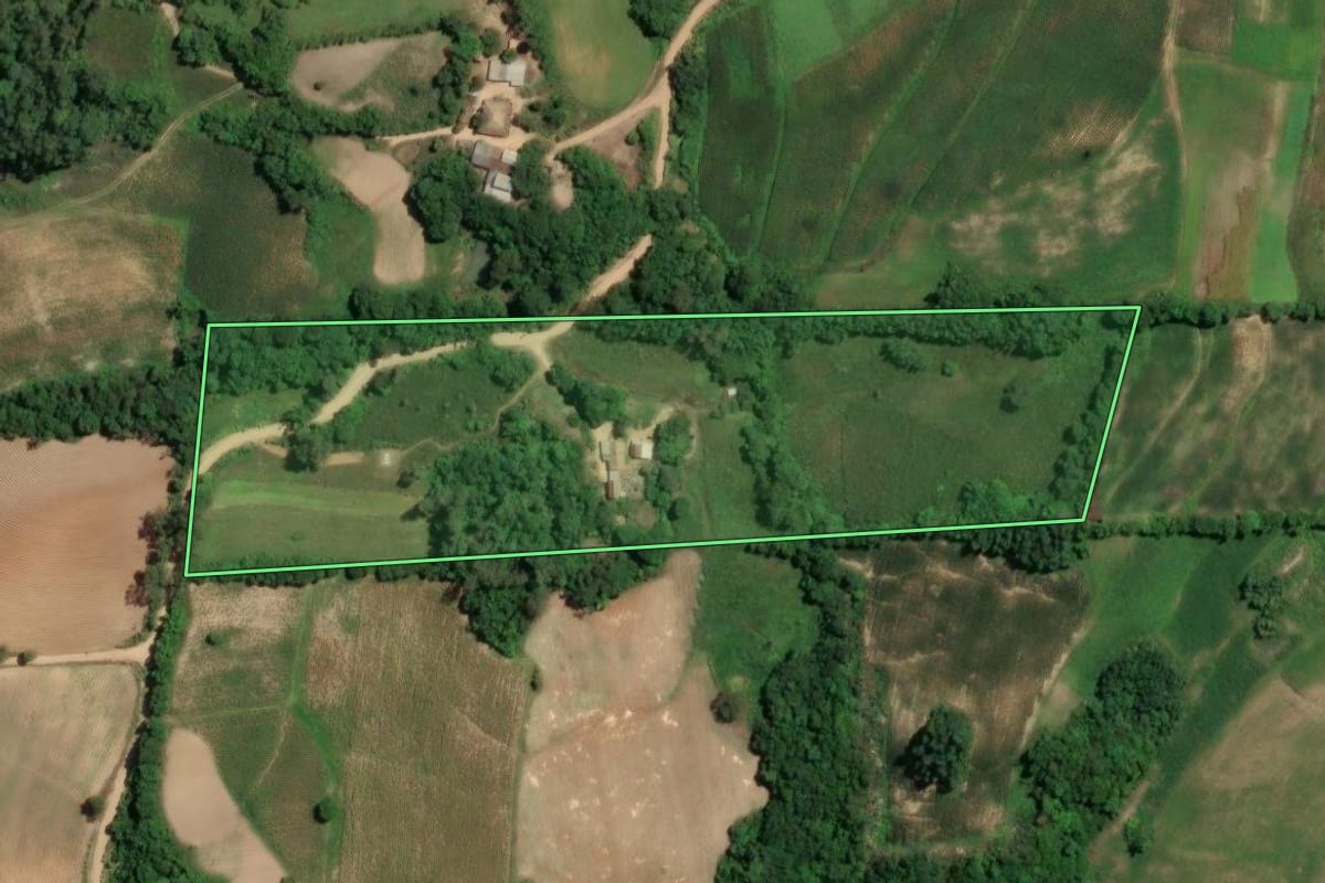 Imagem de satélite do imóvel rural em Chuvisca (RS), com o contorno declarado no CAR desenhado por cima.
