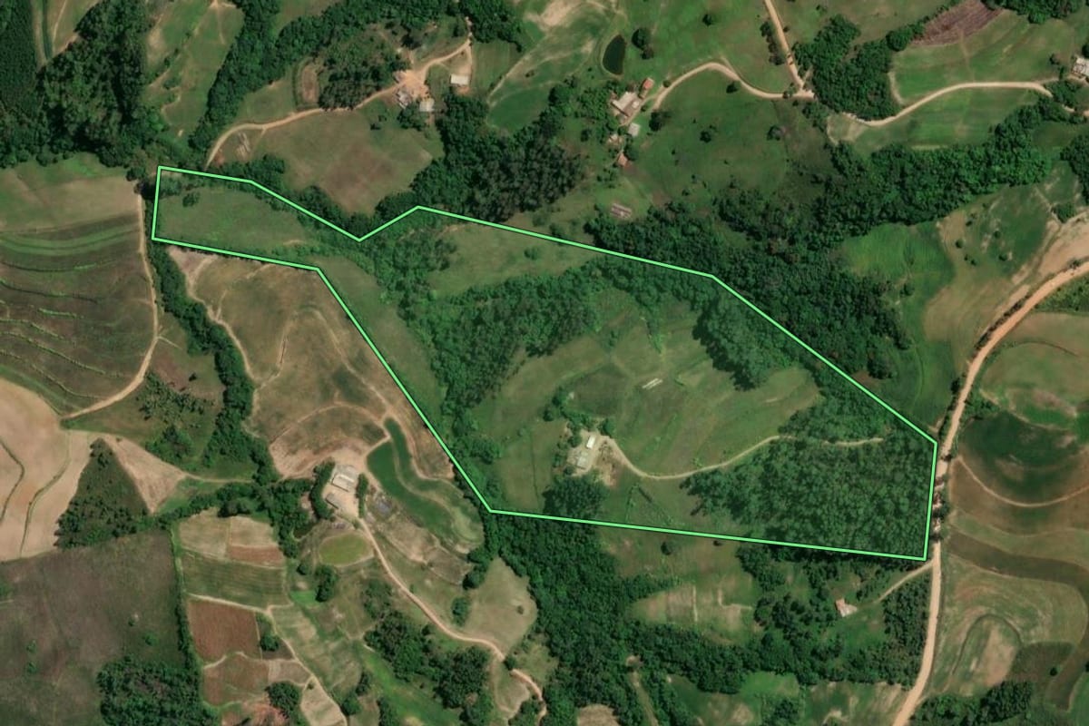 Imagem de satélite do imóvel rural em Chuvisca (RS), com o contorno declarado no CAR desenhado por cima.