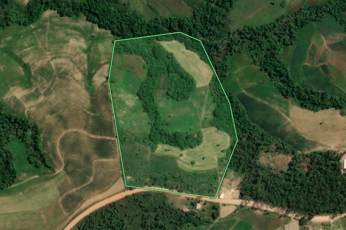 Imagem de satélite do imóvel rural em Chuvisca (RS), com o contorno declarado no CAR desenhado por cima.