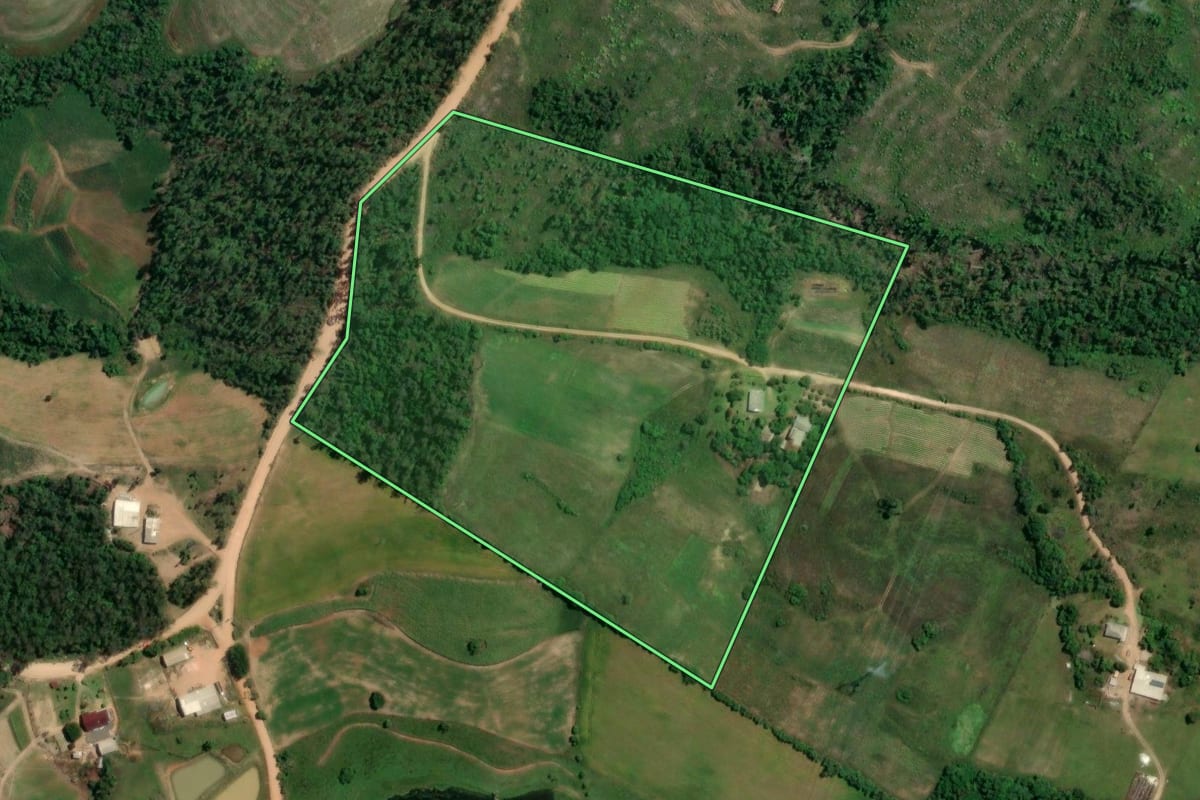 Imagem de satélite do imóvel rural em Chuvisca (RS), com o contorno declarado no CAR desenhado por cima.