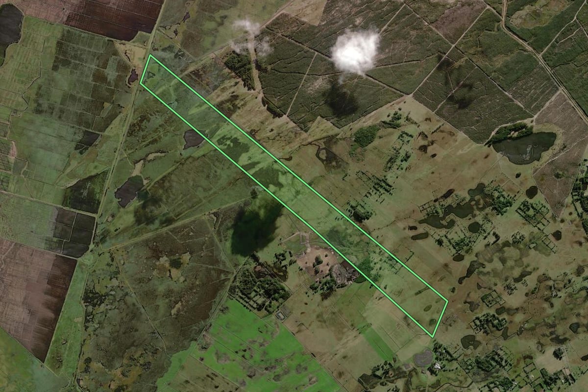 Imagem de satélite do imóvel rural em Cidreira (RS), com o contorno declarado no CAR desenhado por cima.