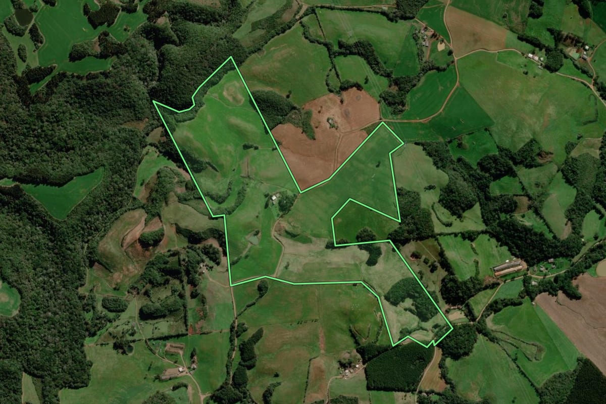 Imagem de satélite do imóvel rural em Ciríaco (RS), com o contorno declarado no CAR desenhado por cima.