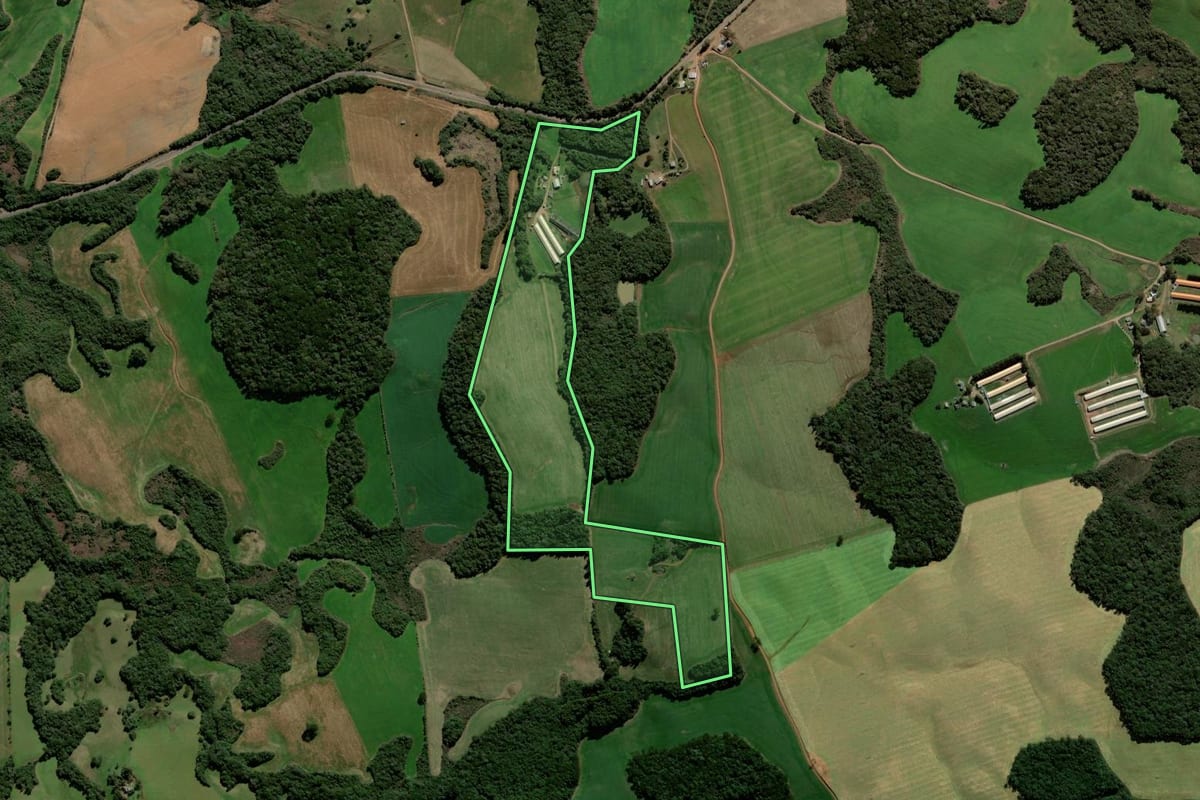 Imagem de satélite do imóvel rural em Ciríaco (RS), com o contorno declarado no CAR desenhado por cima.