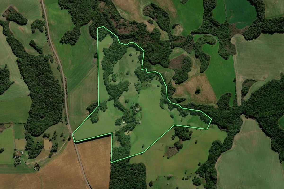 Imagem de satélite do imóvel rural em Ciríaco (RS), com o contorno declarado no CAR desenhado por cima.