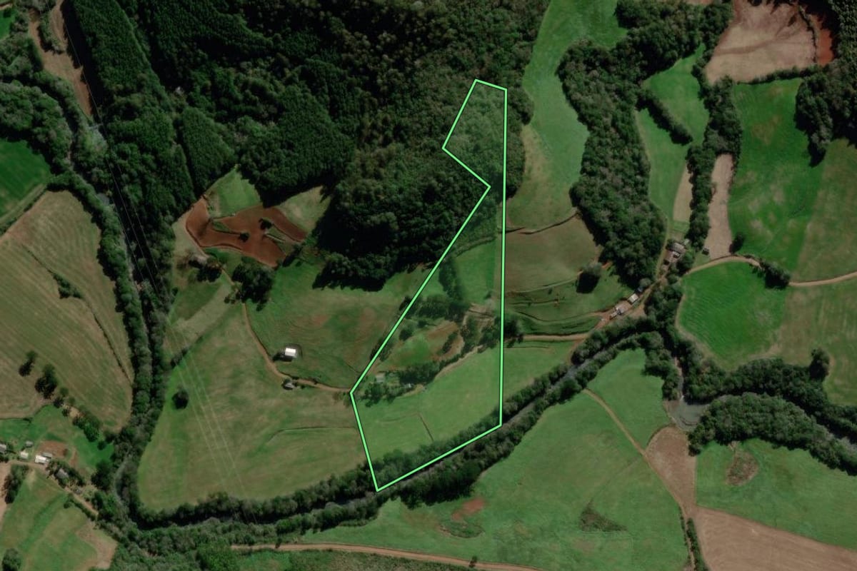 Imagem de satélite do imóvel rural em Ciríaco (RS), com o contorno declarado no CAR desenhado por cima.