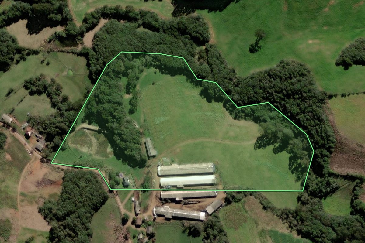 Imagem de satélite do imóvel rural em Ciríaco (RS), com o contorno declarado no CAR desenhado por cima.