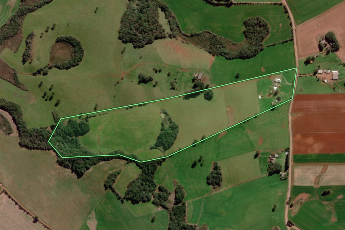 Imagem de satélite do imóvel rural em Ciríaco (RS), com o contorno declarado no CAR desenhado por cima.