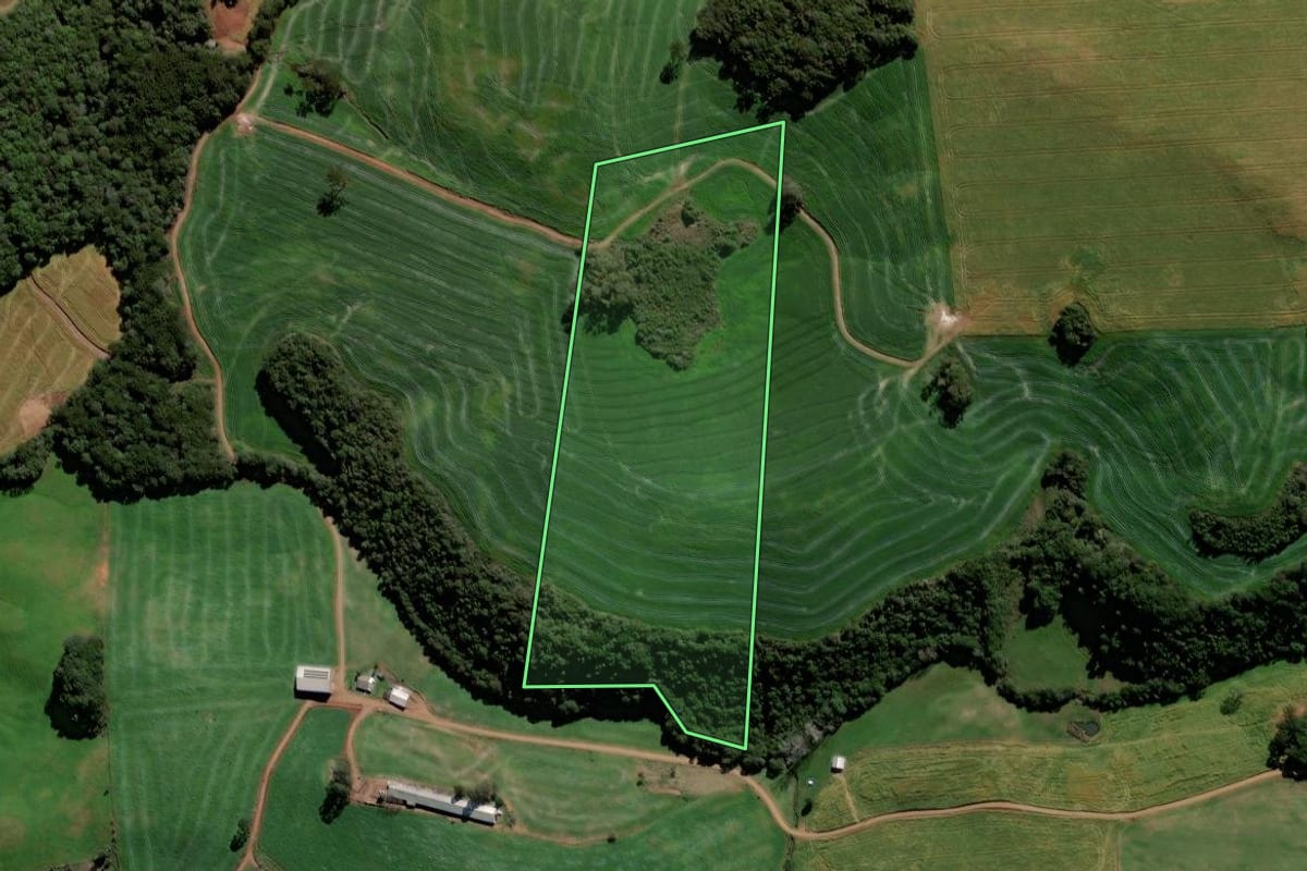 Imagem de satélite do imóvel rural em Ciríaco (RS), com o contorno declarado no CAR desenhado por cima.