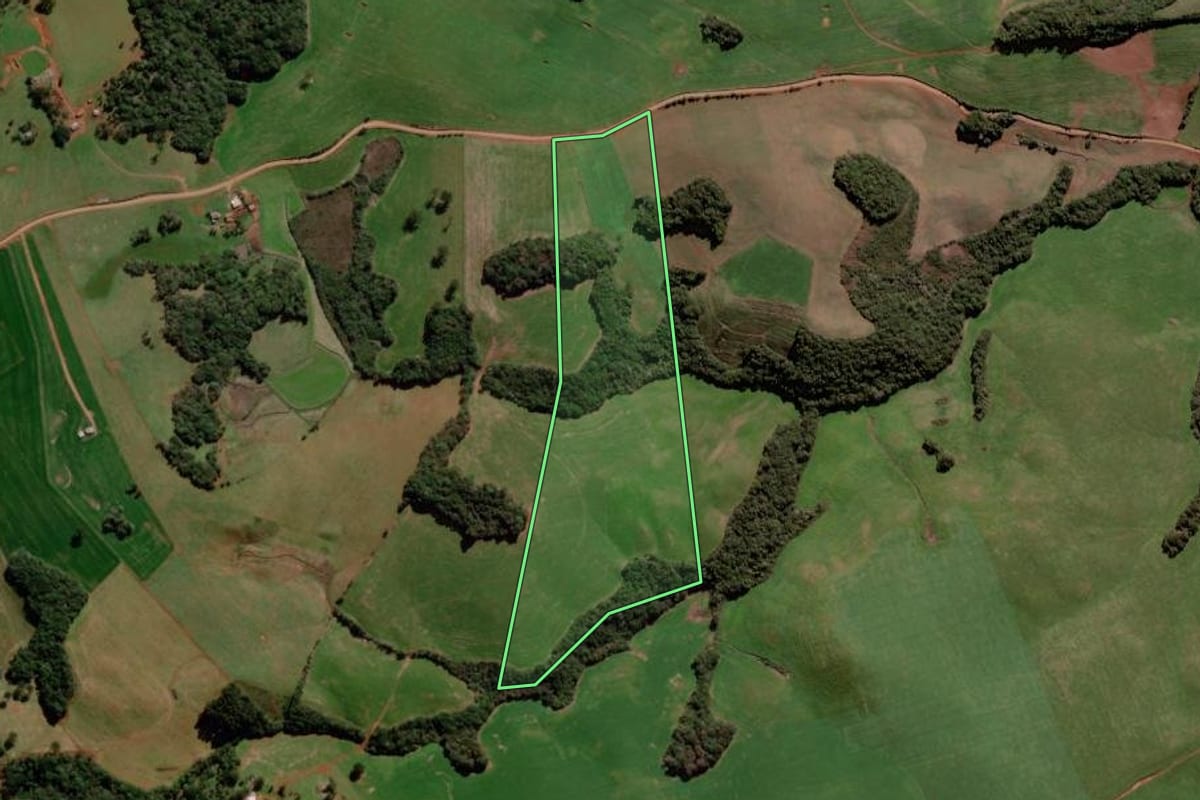 Imagem de satélite do imóvel rural em Ciríaco (RS), com o contorno declarado no CAR desenhado por cima.
