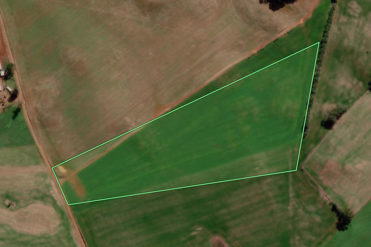 Imagem de satélite do imóvel rural em Ciríaco (RS), com o contorno declarado no CAR desenhado por cima.