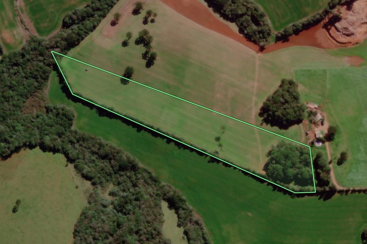 Imagem de satélite do imóvel rural em Ciríaco (RS), com o contorno declarado no CAR desenhado por cima.