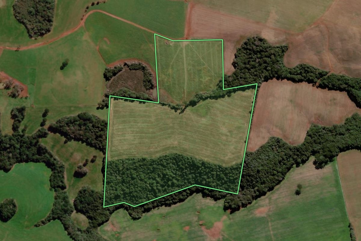 Imagem de satélite do imóvel rural em Ciríaco (RS), com o contorno declarado no CAR desenhado por cima.