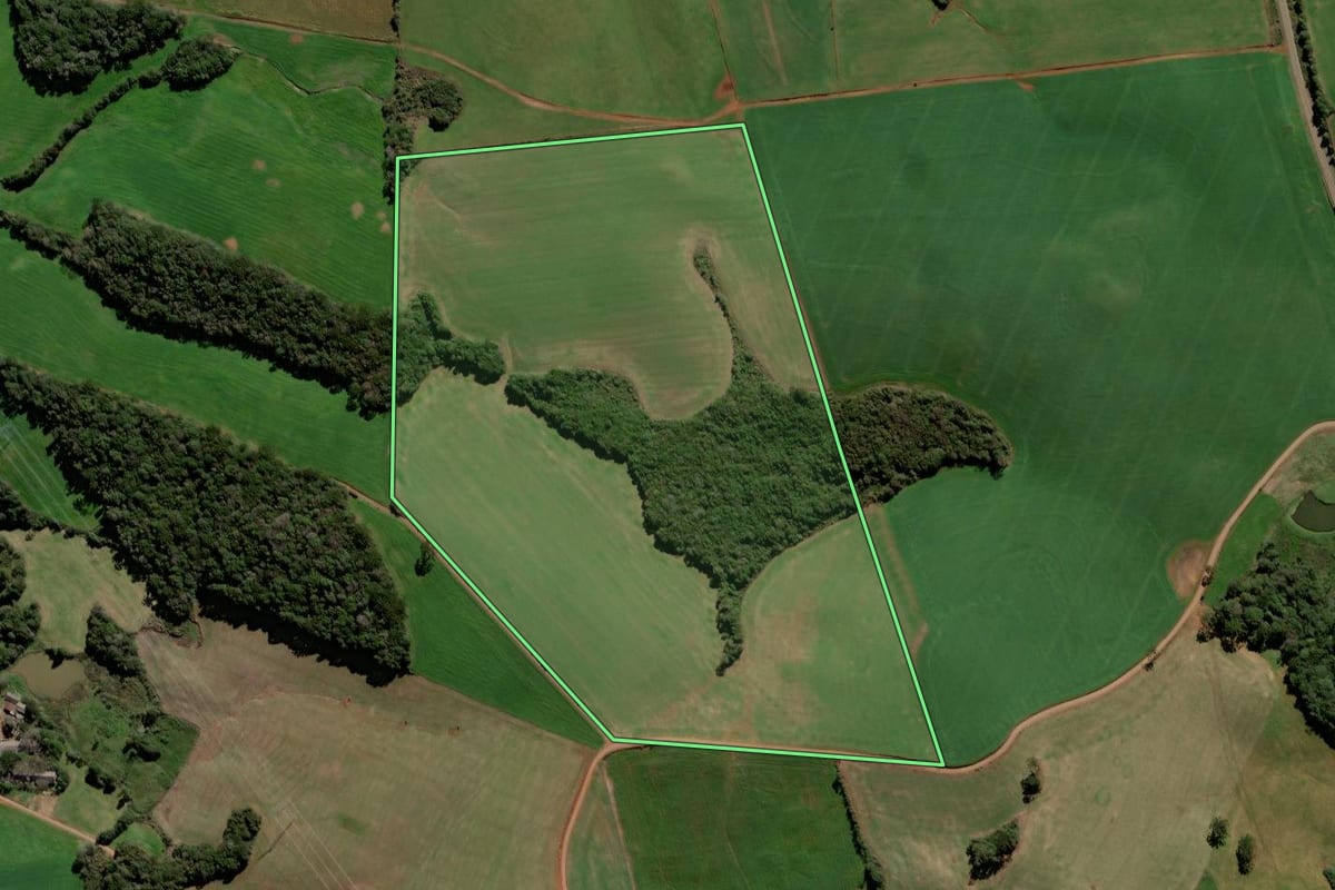 Imagem de satélite do imóvel rural em Ciríaco (RS), com o contorno declarado no CAR desenhado por cima.