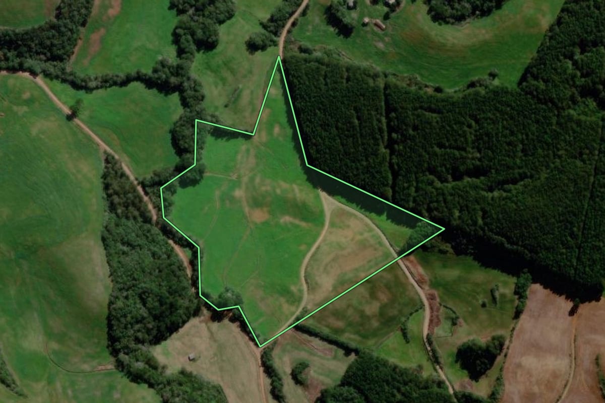 Imagem de satélite do imóvel rural em Ciríaco (RS), com o contorno declarado no CAR desenhado por cima.