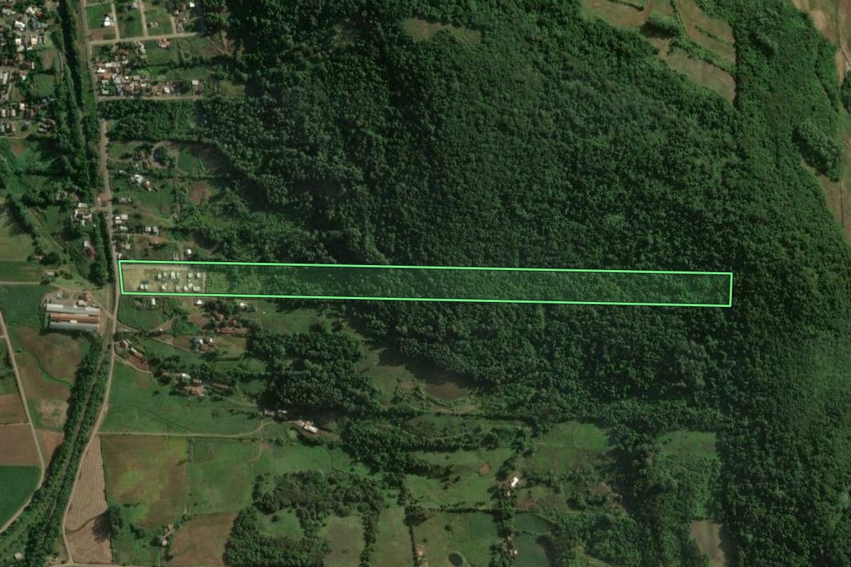 Imagem de satélite do imóvel rural em Colinas (RS), com o contorno declarado no CAR desenhado por cima.