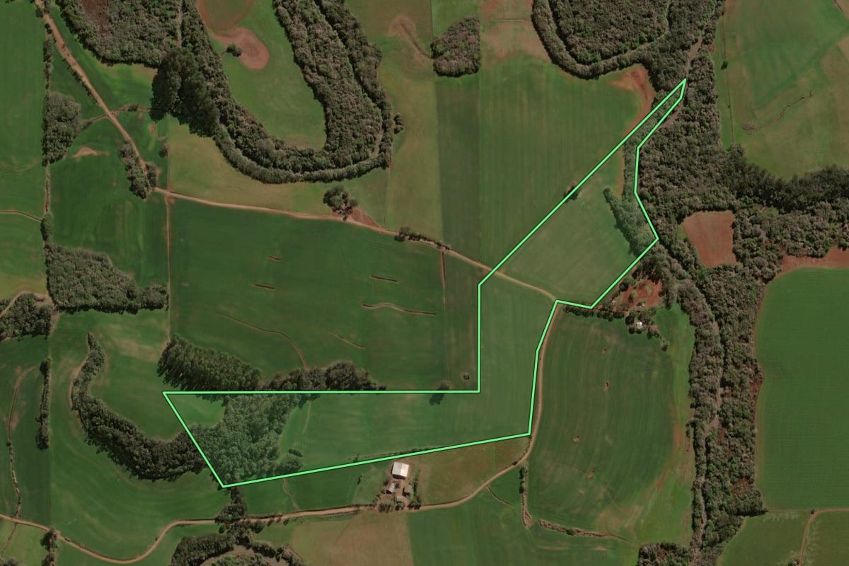 Imagem de satélite do imóvel rural em Colorado (RS), com o contorno declarado no CAR desenhado por cima.