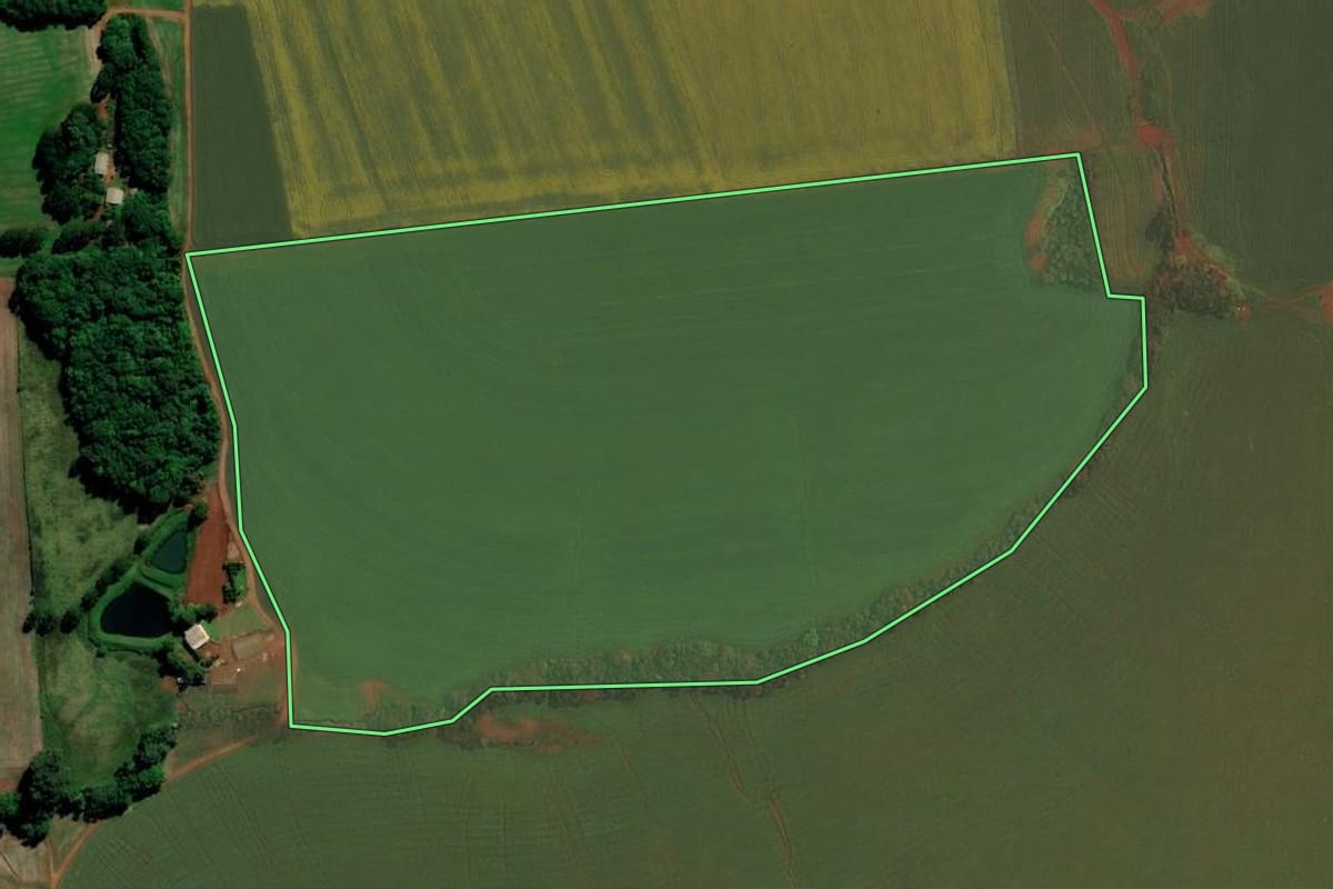 Imagem de satélite do imóvel rural em Colorado (RS), com o contorno declarado no CAR desenhado por cima.
