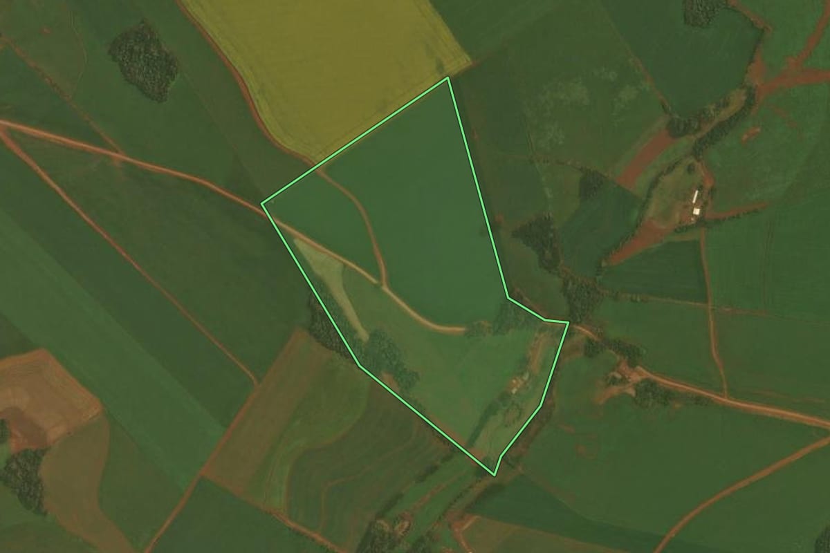 Imagem de satélite do imóvel rural em Colorado (RS), com o contorno declarado no CAR desenhado por cima.