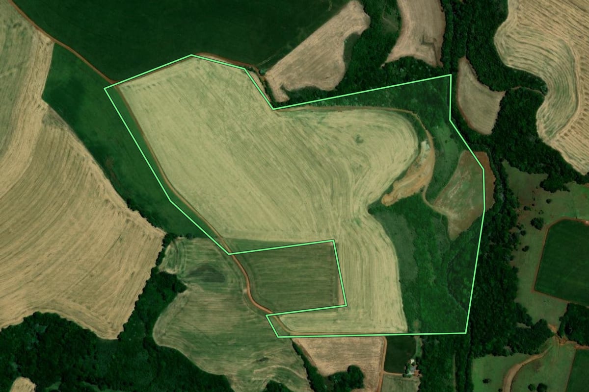 Imagem de satélite do imóvel rural em Colorado (RS), com o contorno declarado no CAR desenhado por cima.