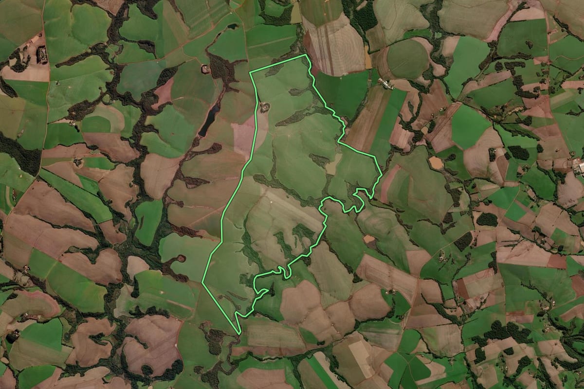 Imagem de satélite do imóvel rural em Condor (RS), com o contorno declarado no CAR desenhado por cima.
