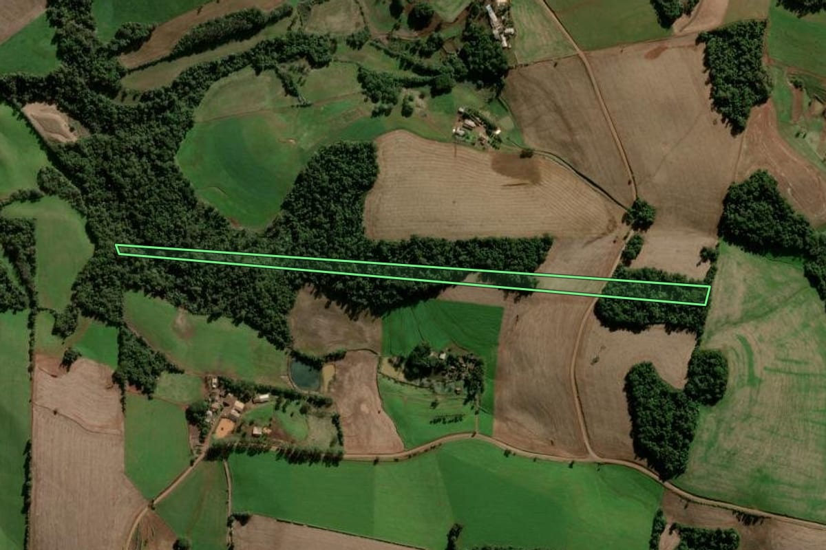 Imagem de satélite do imóvel rural em Condor (RS), com o contorno declarado no CAR desenhado por cima.