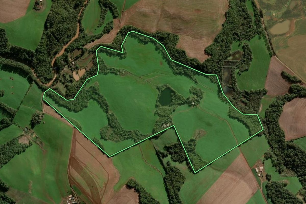 Imagem de satélite do imóvel rural em Condor (RS), com o contorno declarado no CAR desenhado por cima.