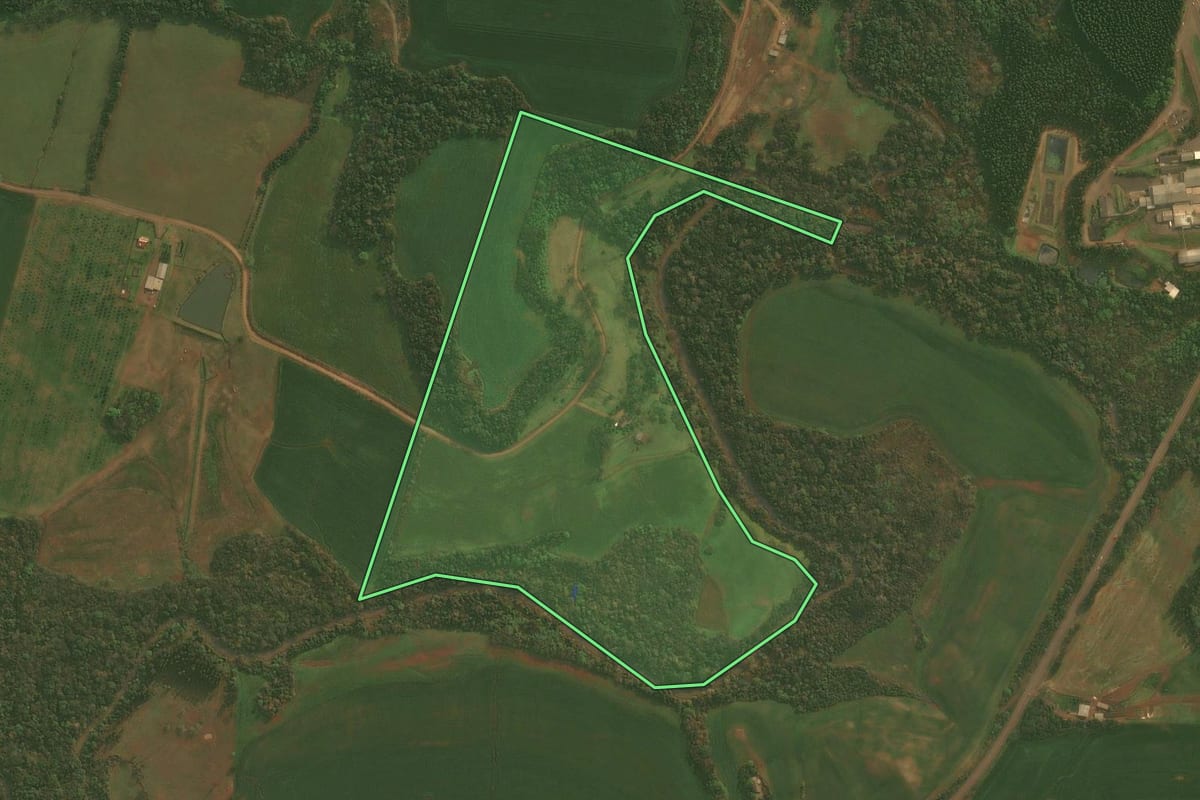Imagem de satélite do imóvel rural em Condor (RS), com o contorno declarado no CAR desenhado por cima.