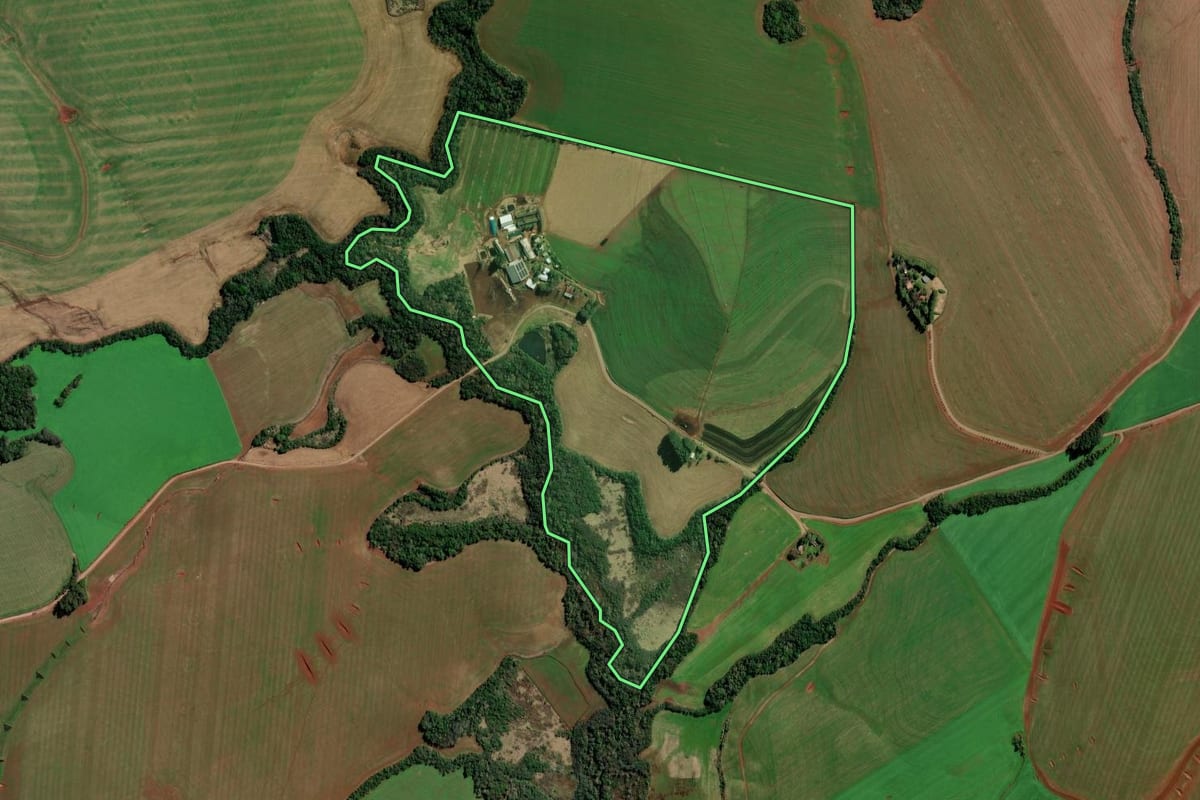 Imagem de satélite do imóvel rural em Condor (RS), com o contorno declarado no CAR desenhado por cima.
