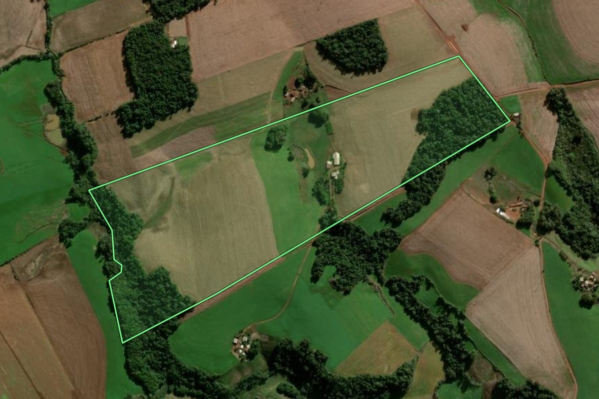 Imagem de satélite do imóvel rural em Condor (RS), com o contorno declarado no CAR desenhado por cima.