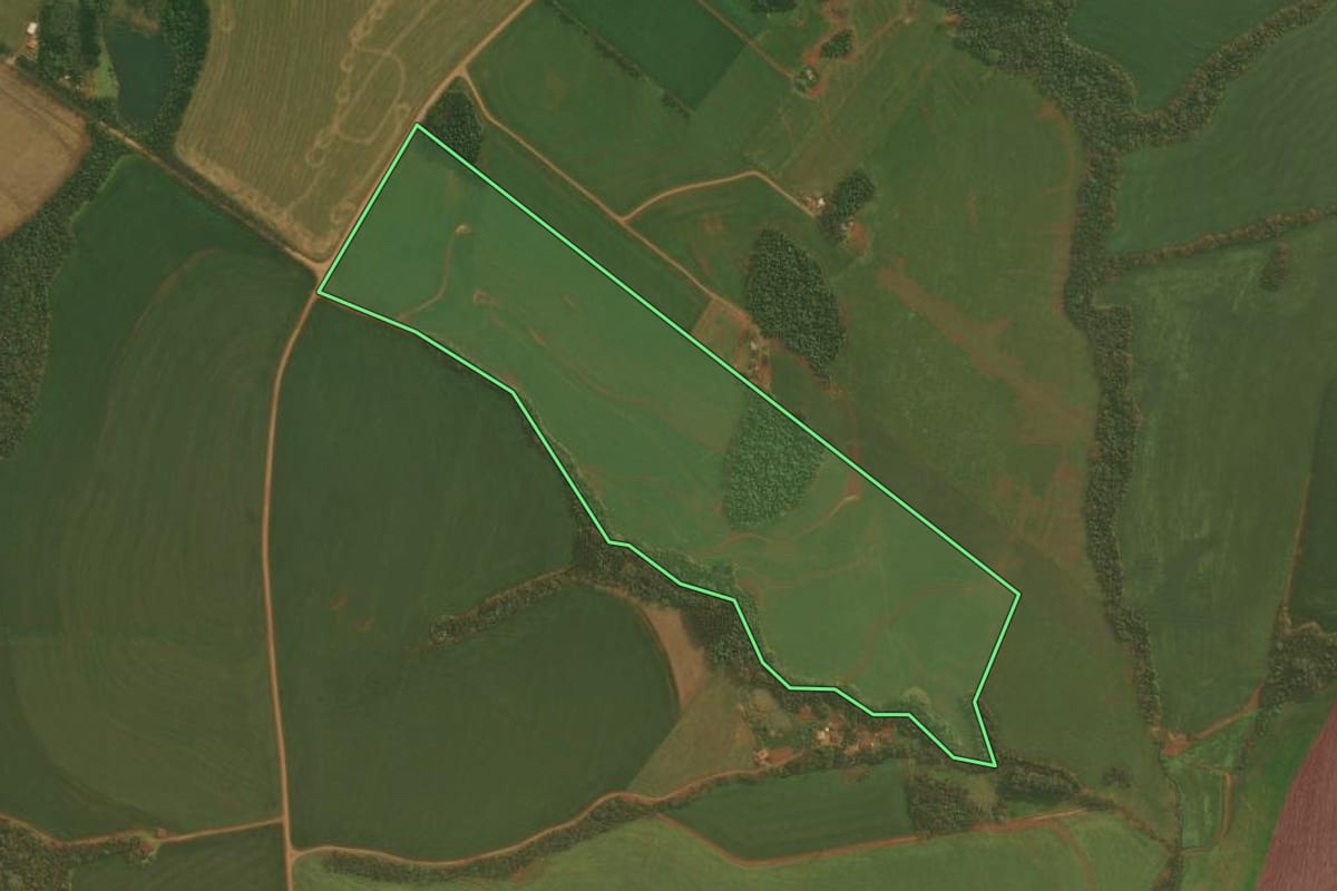 Imagem de satélite do imóvel rural em Condor (RS), com o contorno declarado no CAR desenhado por cima.