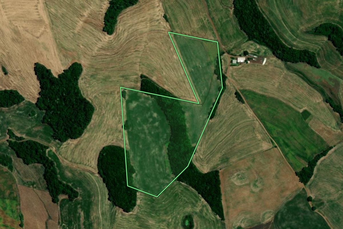 Imagem de satélite do imóvel rural em Constantina (RS), com o contorno declarado no CAR desenhado por cima.