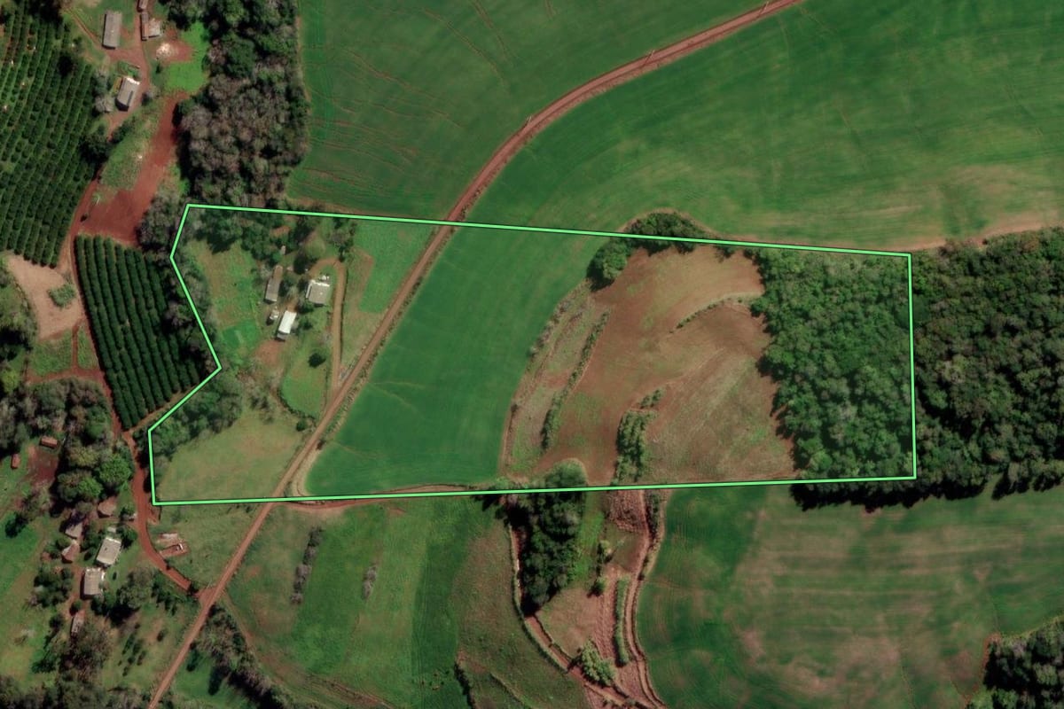 Imagem de satélite do imóvel rural em Constantina (RS), com o contorno declarado no CAR desenhado por cima.
