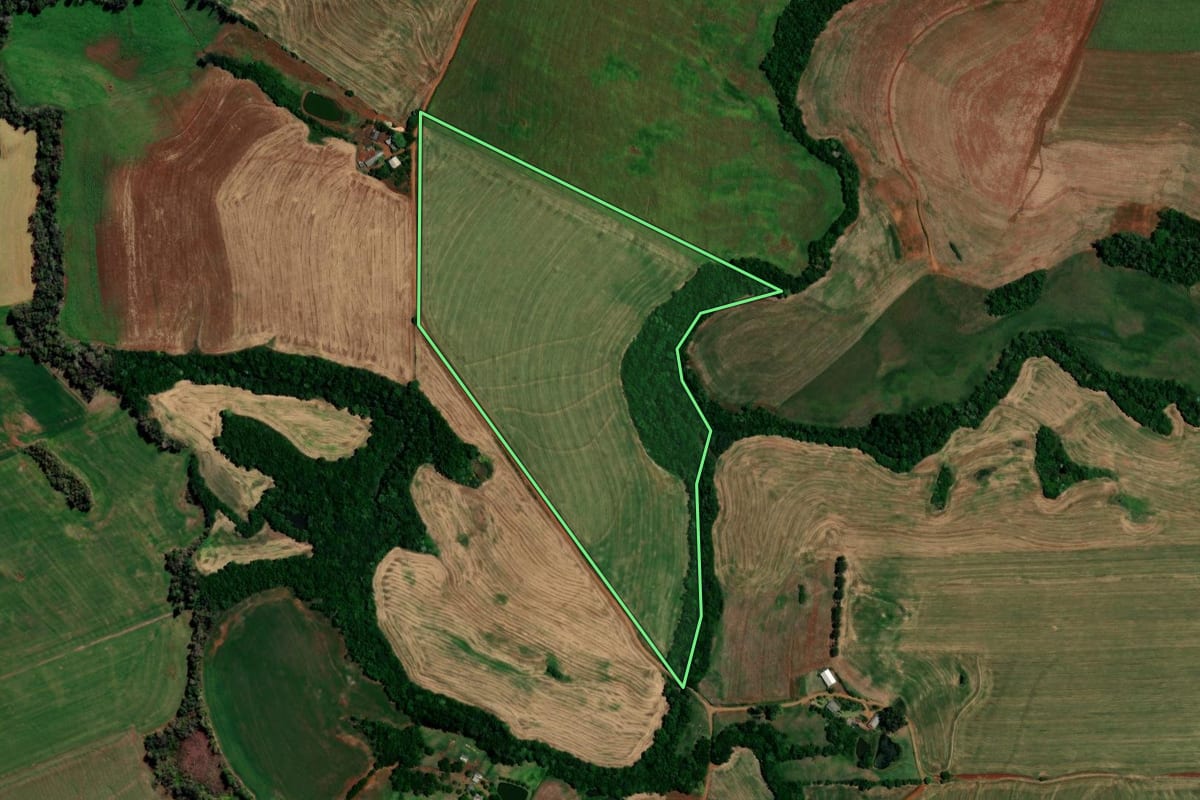 Imagem de satélite do imóvel rural em Constantina (RS), com o contorno declarado no CAR desenhado por cima.