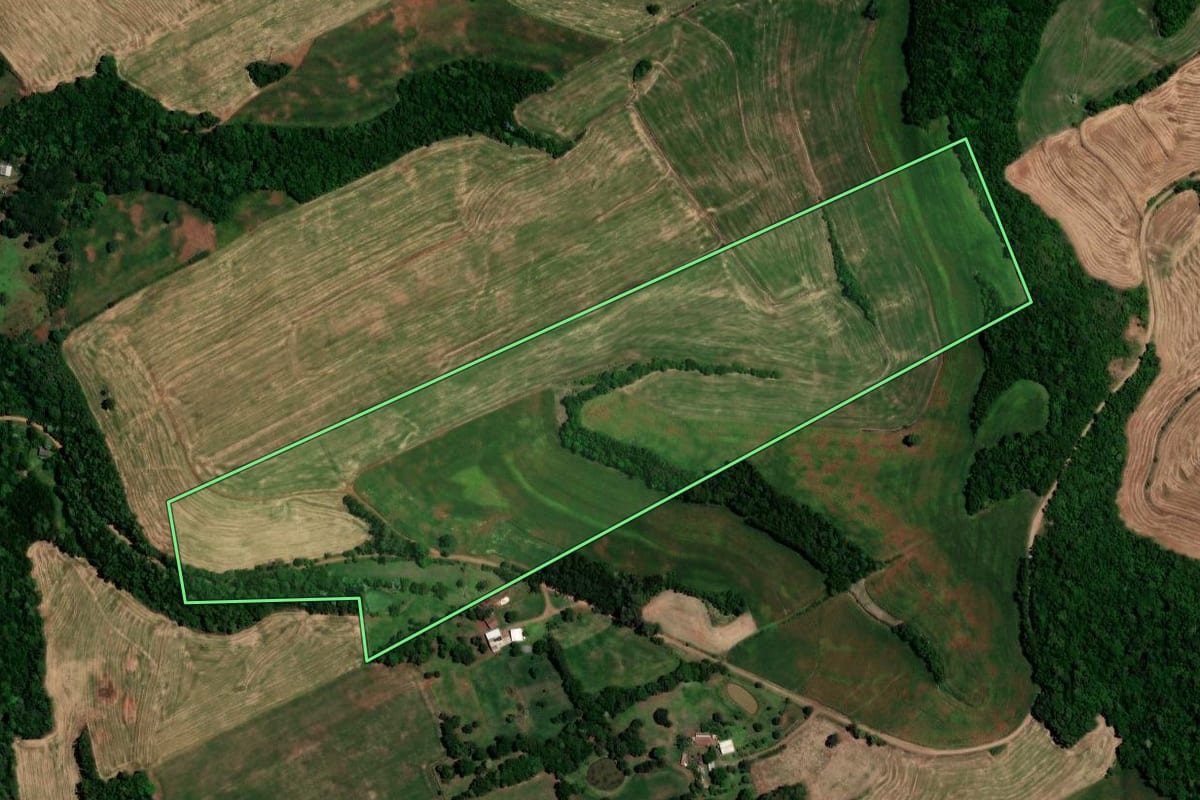 Imagem de satélite do imóvel rural em Constantina (RS), com o contorno declarado no CAR desenhado por cima.