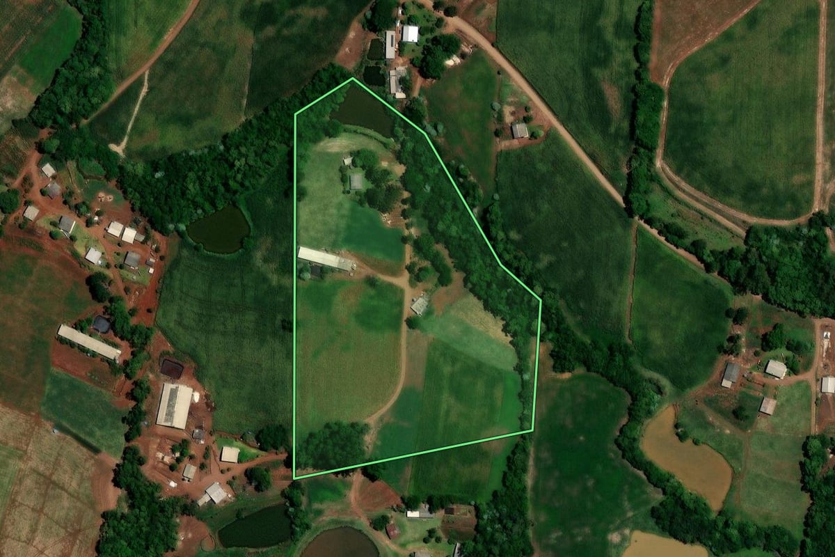 Imagem de satélite do imóvel rural em Constantina (RS), com o contorno declarado no CAR desenhado por cima.