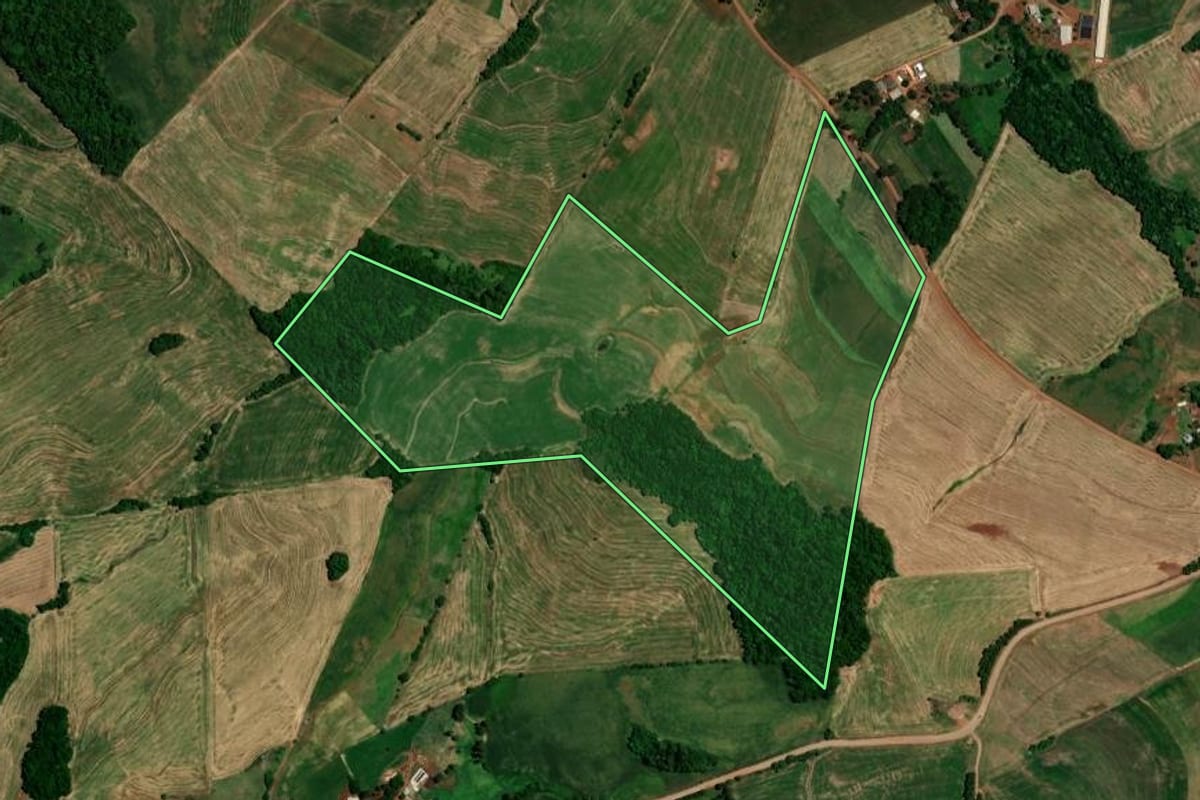 Imagem de satélite do imóvel rural em Constantina (RS), com o contorno declarado no CAR desenhado por cima.