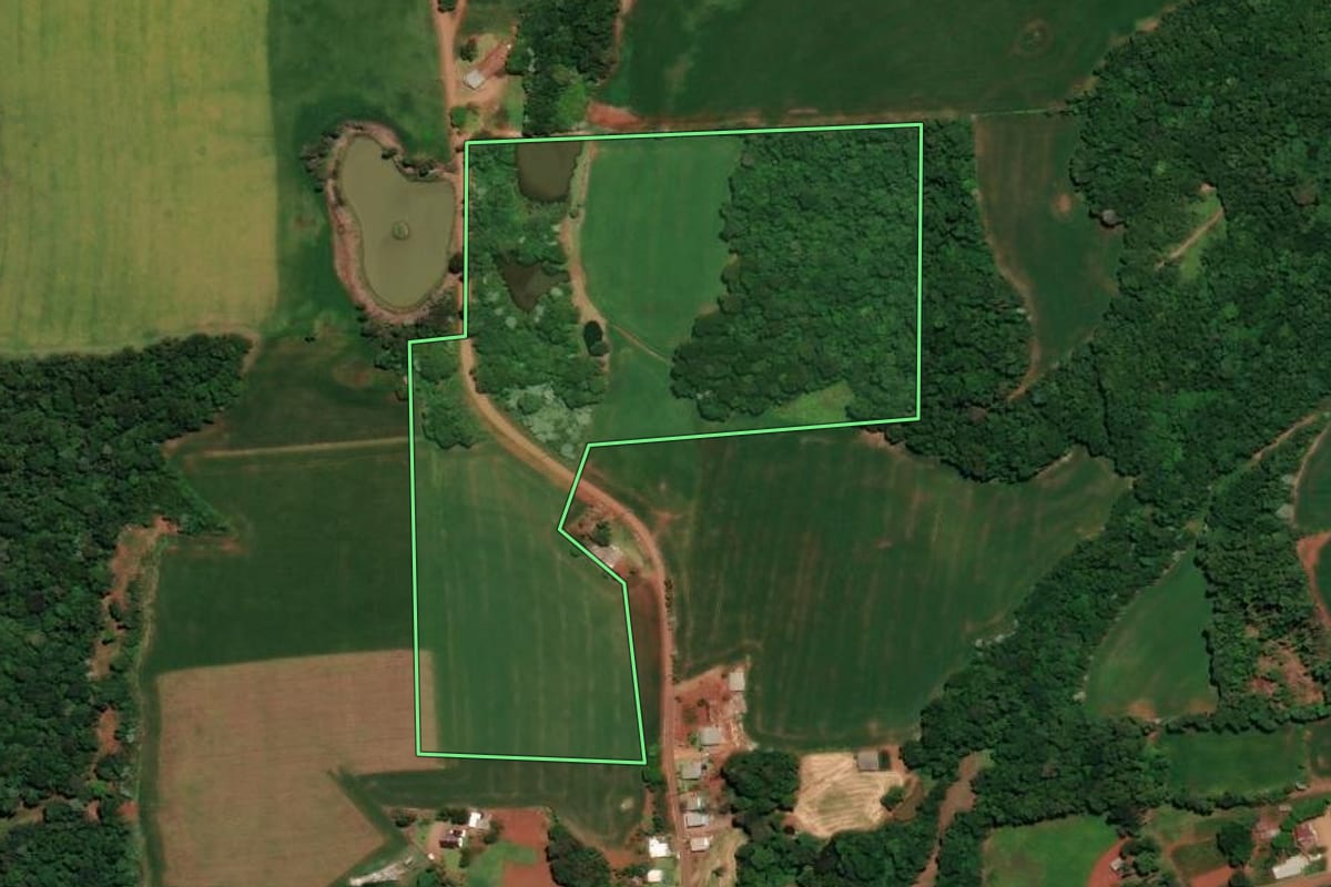 Imagem de satélite do imóvel rural em Coqueiros do Sul (RS), com o contorno declarado no CAR desenhado por cima.