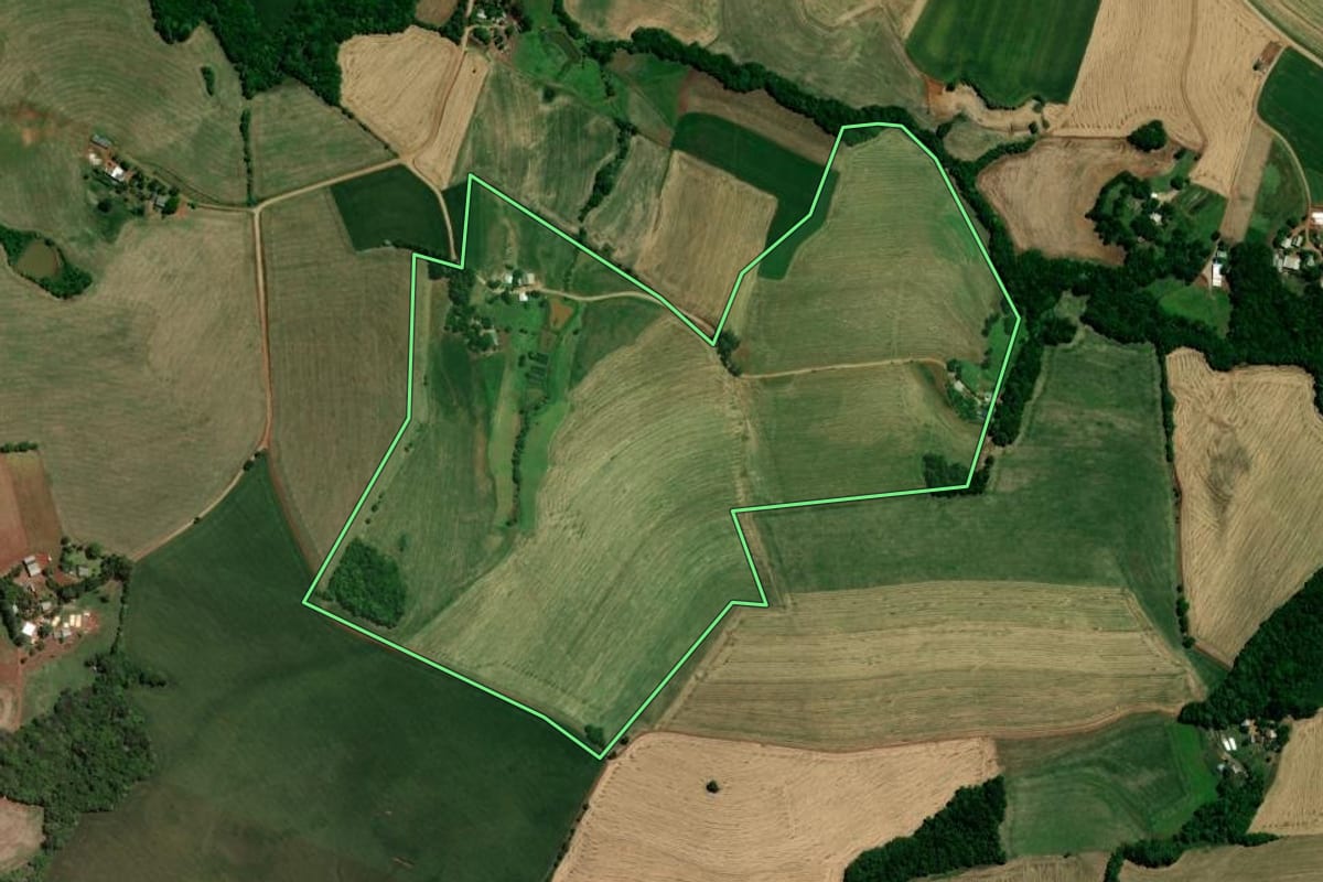 Imagem de satélite do imóvel rural em Coqueiros do Sul (RS), com o contorno declarado no CAR desenhado por cima.