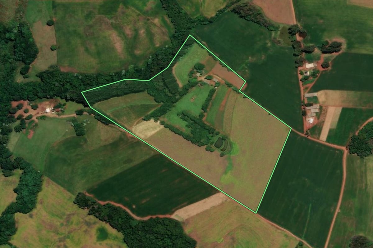 Imagem de satélite do imóvel rural em Coqueiros do Sul (RS), com o contorno declarado no CAR desenhado por cima.