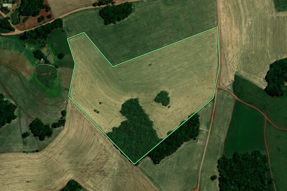 Imagem de satélite do imóvel rural em Coqueiros do Sul (RS), com o contorno declarado no CAR desenhado por cima.